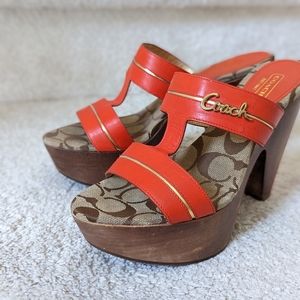 Coach orange leather and gold logo platform sandals 7.5B